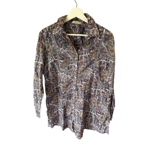 Coldwater Creek Paisley Floral Shirt Cotton Purple Yellow Long Sleeve Womens L - Picture 1 of 7